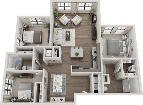 Floor plan for 3 beds, 2 baths, 1354 sqft